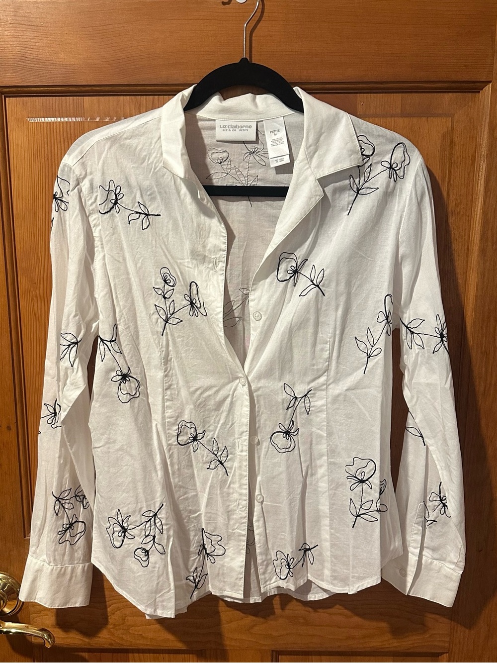 Liz Claiborne White Button-Down Shirt with Black Floral Outline